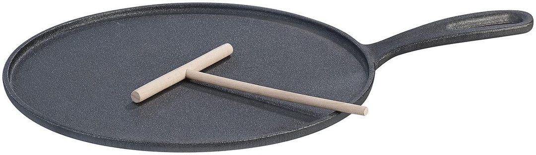 Rosenstein & Söhne Crepepfanne: Gusseiserne Crêpe-Pfanne für Grill und Herd mit Teigverteiler, Ø 28