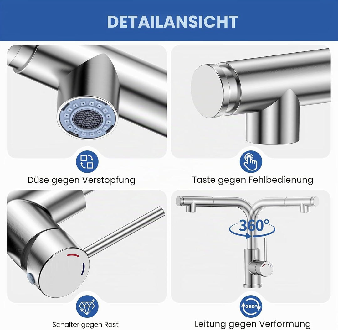Wasserhahn Küche Ausziehbar - L-förmige Mischbatterie Küchenarmatur mit 360° Schwenkbare, 2 Modi,Hoh