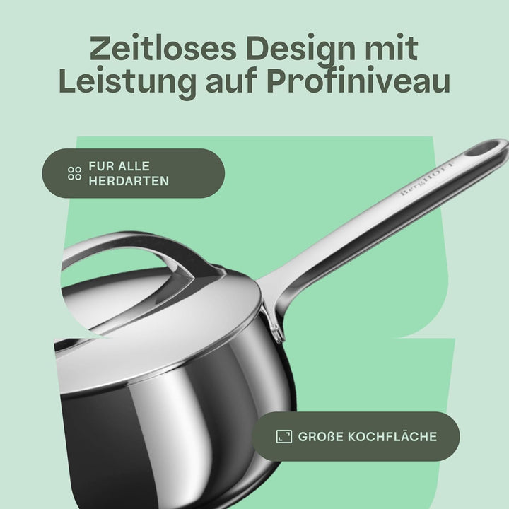 BergHOFF Home Kochtopf klein (16cm) – Stielkasserolle - Edelstahl Topf mit Deckel - Kochtopf für all