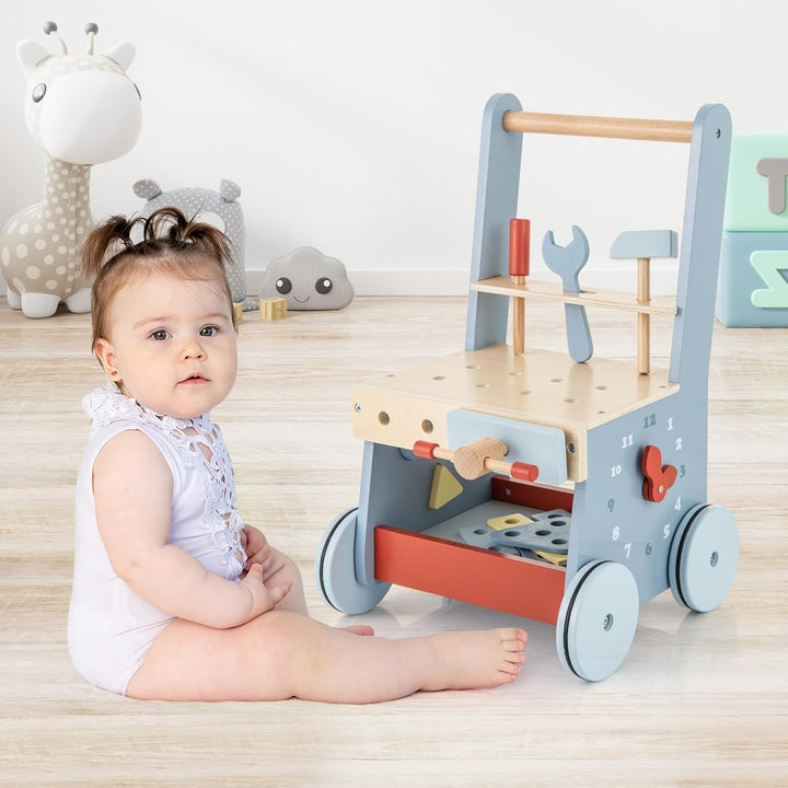 DREAMADE 2 in 1 Lauflernwagen aus Holz, mini-Werkzeugbank mit Rädern, Lauflernhilfe für Mädchen und