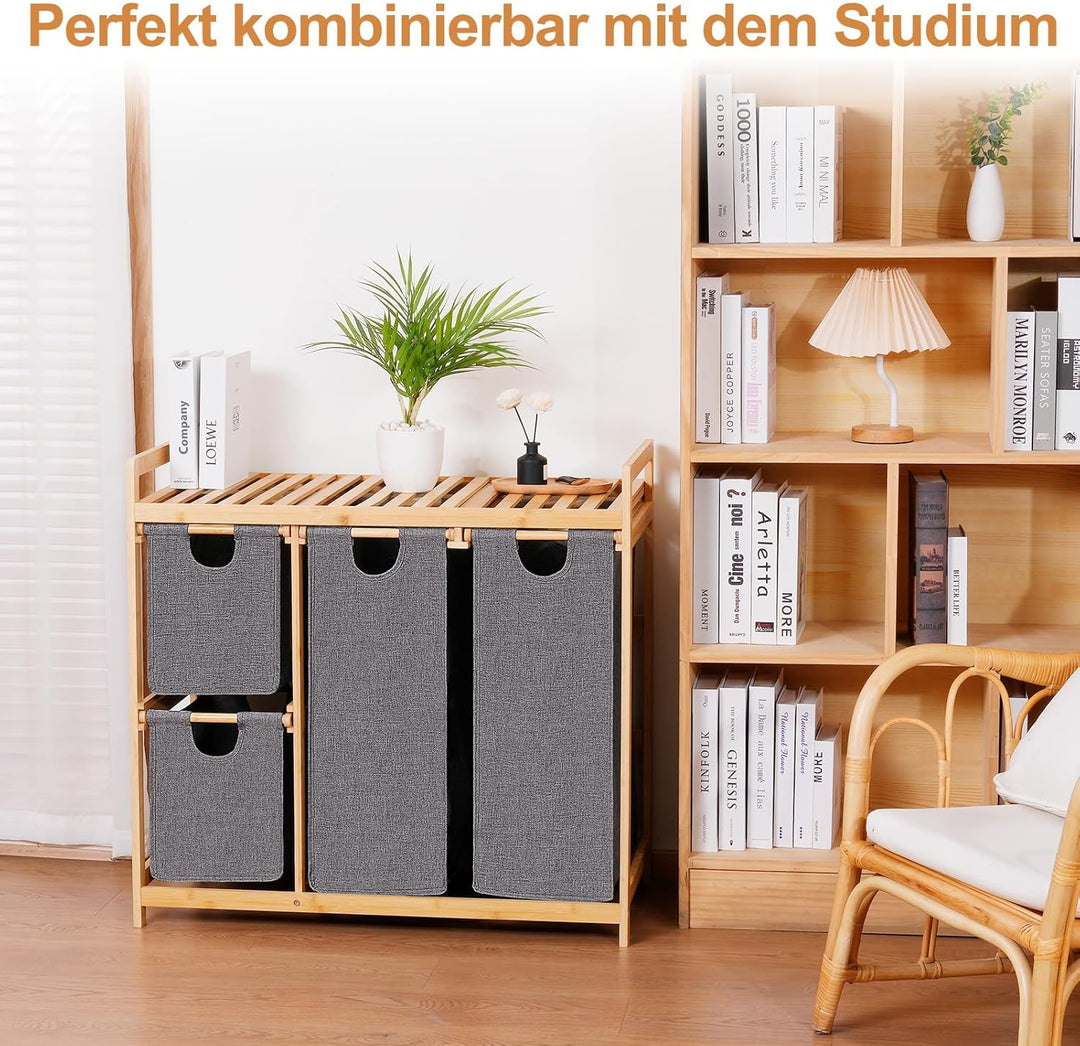 iEGrow Wäschekorb 4 Fächer 150L, Wäschesammler 4 Fächer, Bambus Wäschewagen mit Ablage für Schmutzwä