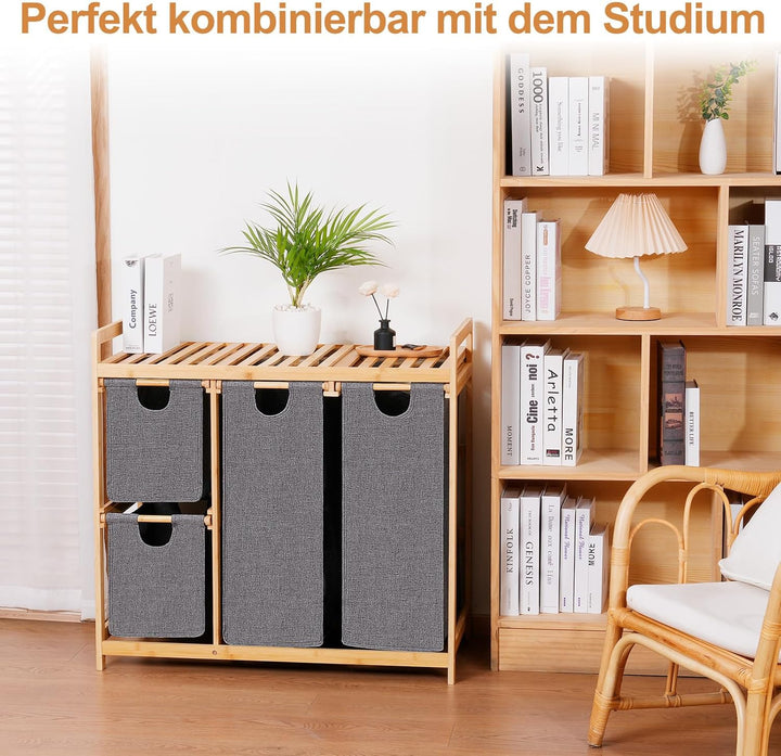 iEGrow Wäschekorb 4 Fächer 150L, Wäschesammler 4 Fächer, Bambus Wäschewagen mit Ablage für Schmutzwä