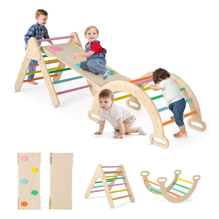 GOPLUS Klettergerüst Indoor, 4 in 1 Kletterdreieck & Kletterbogen & Leiter & Rutsche, Sprossendreiec