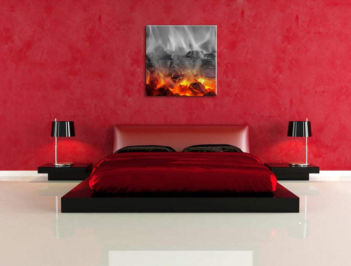 Pixxprint brennende Holzkohle in Kamin schwarz/weiss, Format: 70x70 auf Leinwand, 70x70