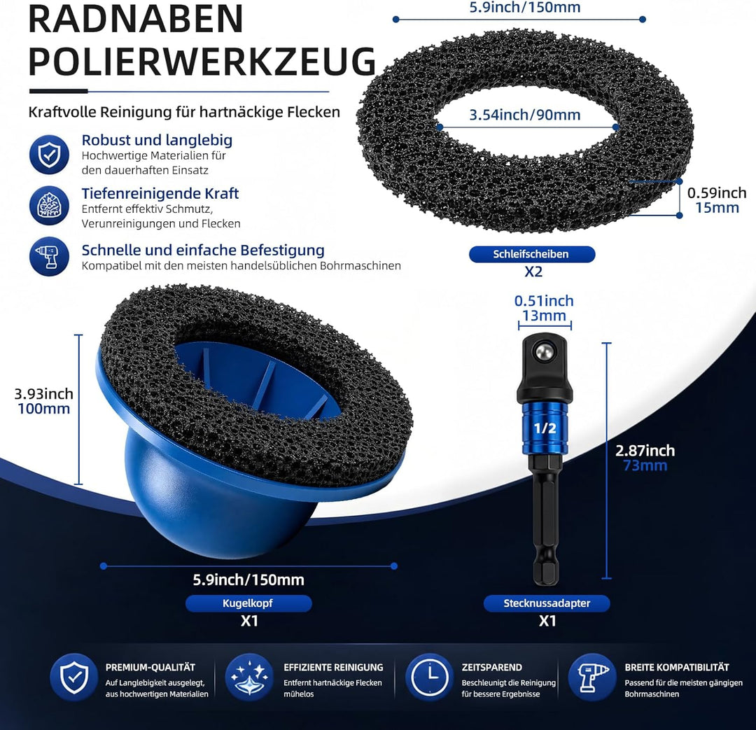 Radnaben Bürste für Auto, Innen-Ø 90mm Aussen-Ø 150mm, 2 Stück Schleifrad mit 1/2 Zoll Vierkantantri