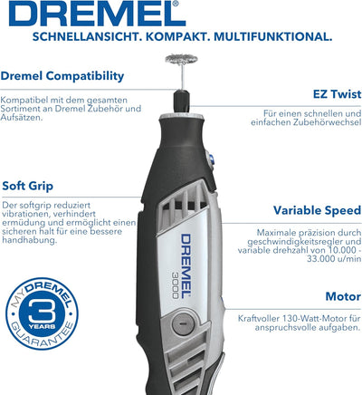 Dremel 3000 Multifunktionswerkzeug 130W, Set mit 1 Aufsatz, 25 Zubehörteilen, Variable Drehzal 10.00