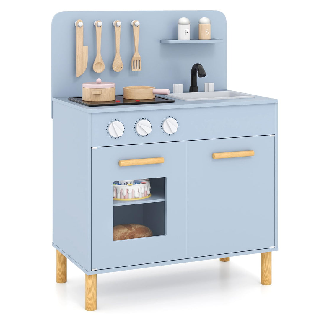 COSTWAY Kinderküche mit 10 Zubehör, Spielküche Holz mit Licht und Sound, Spielzeugküche mit Herd & S