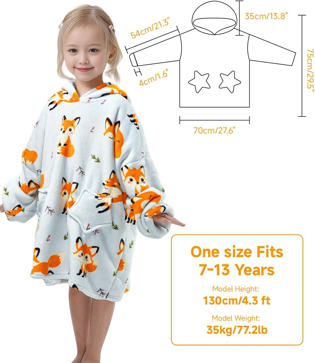 Wenlia Übergrosse Hoodie Blanket für Mädchen, Kinder Flanell Sweatshirt Decke Kuschelpullover, Einho