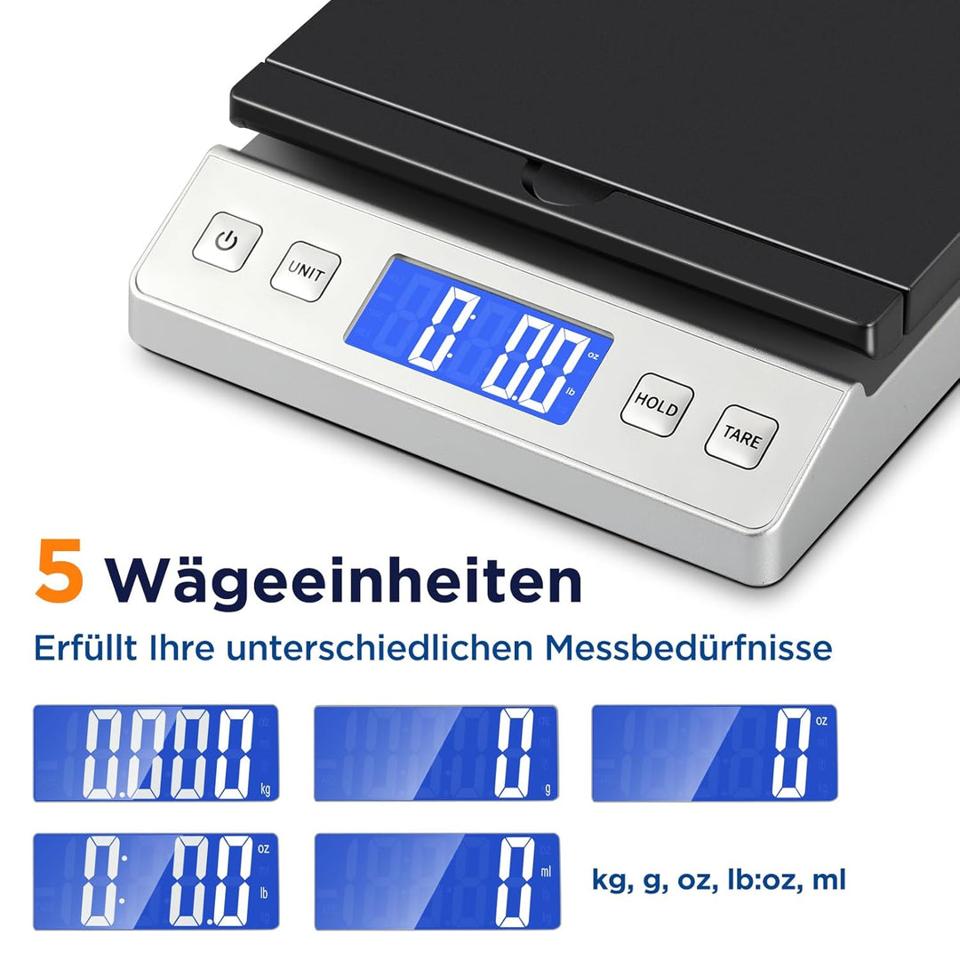 Briefwaage, 30kg/2g Digitale Paketwaage mit Halte & Tara Funktion, Hohe Präzision Faltbare Plattform
