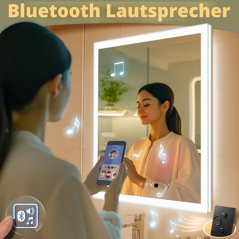 GANPE LED Bathroom Mirror, Makeup Vanity Mirror Wall Mounted, Human Induction, Bluetooth, Anti Fog,