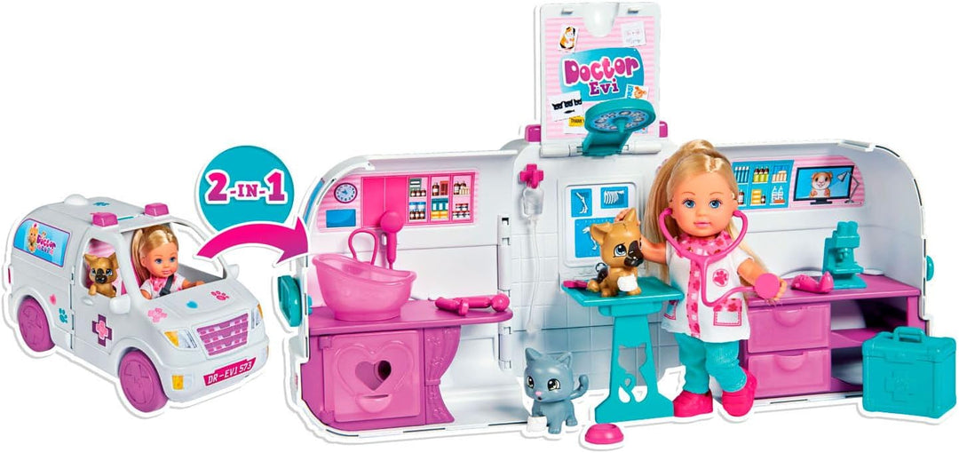 Simba 105733488 - Evi Love Doktor Evi 2-in-1 Tiermobil, Evi als Tierärztin, aufklappbares Auto, Tier