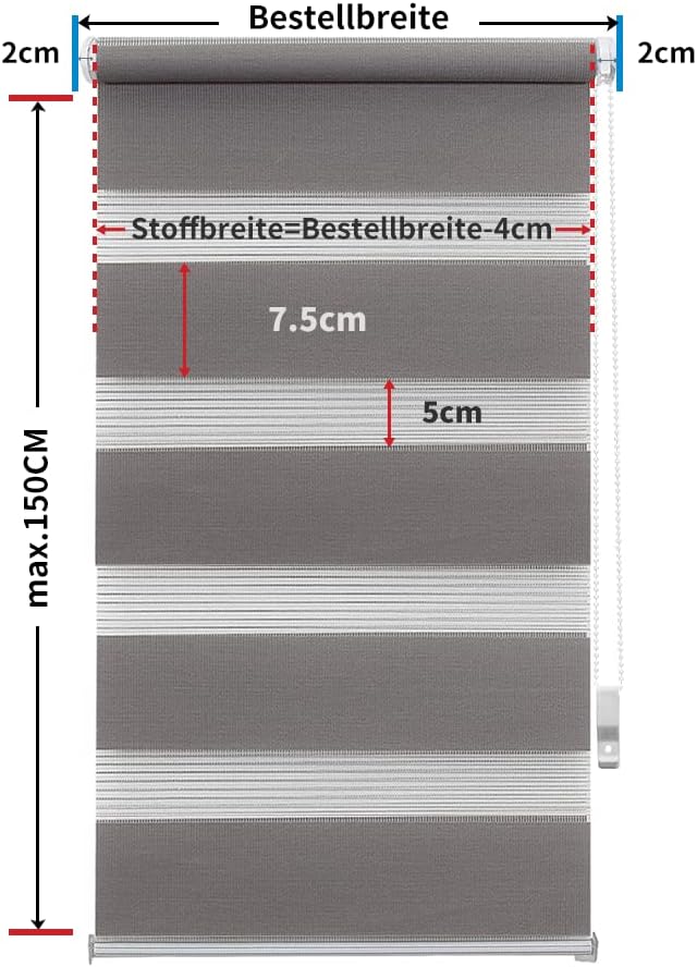 OBdeco Doppelrollo Duo Rollo Klemmfix ohne Bohren B80cm x H150cm(Stoffbreite 76 cm) Grau für Fenster