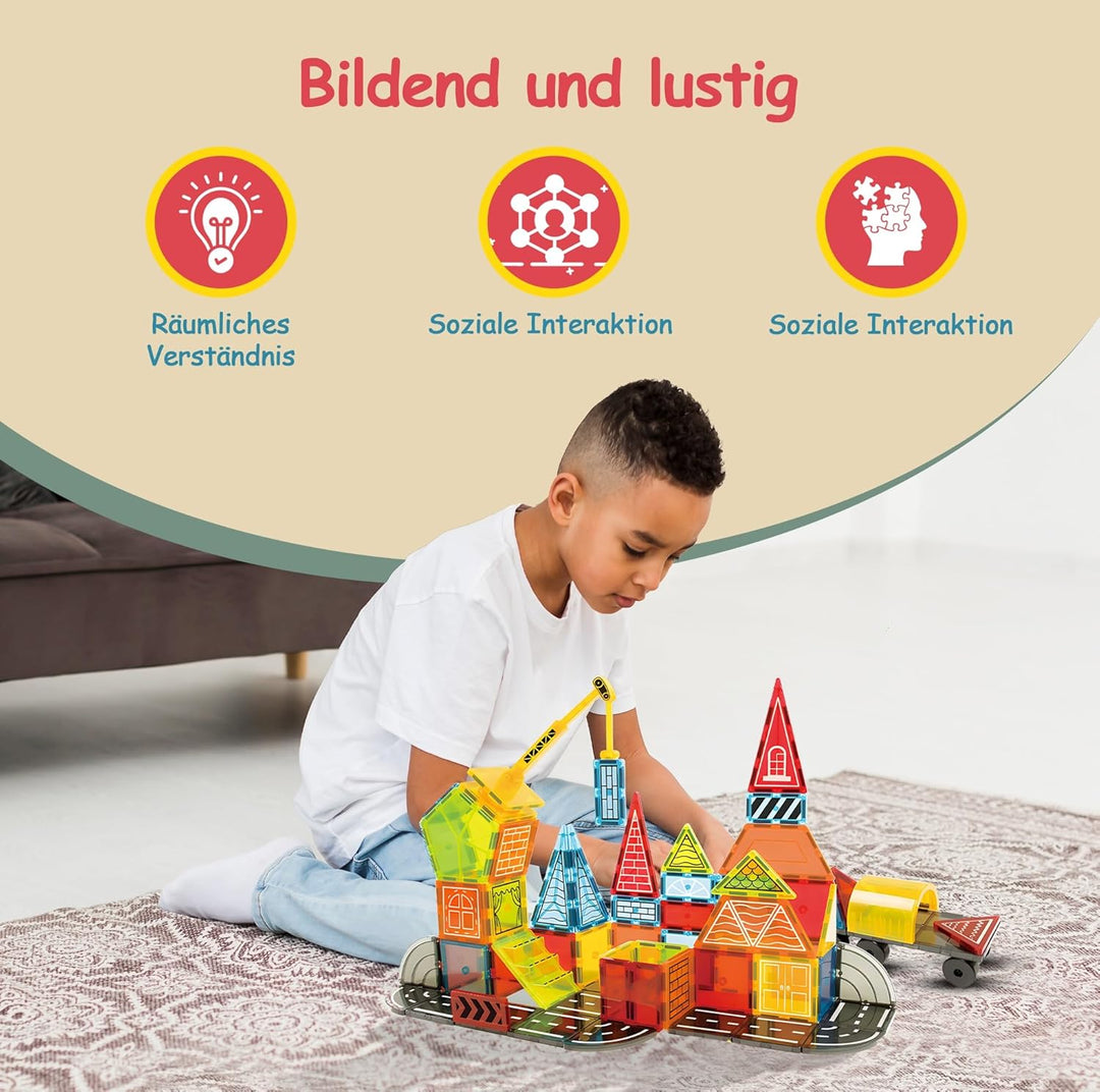 Olvy Magnetische Bausteine Montessori Spielzeug - 42 Magnetic Tiles Kinder - Magnetisches Konstrukti