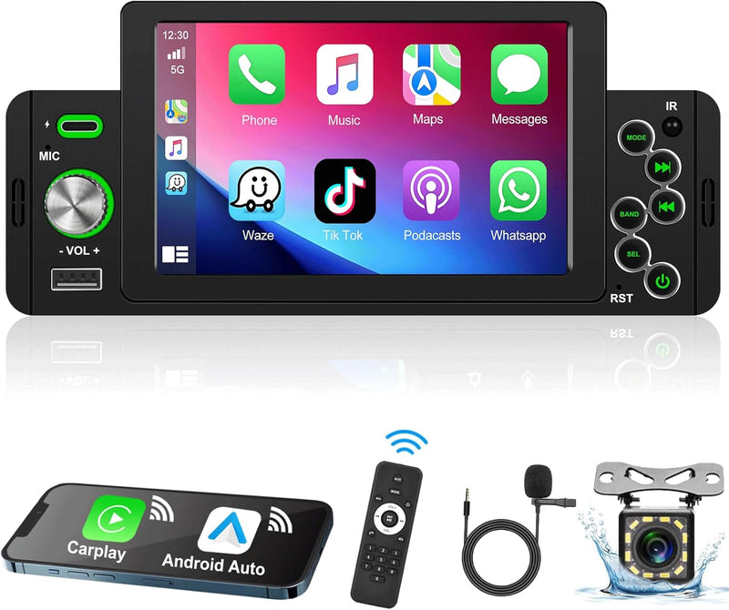 Podofo Autoradio 1 Din mit Wireless Apple Carplay Bluetooth Android Auto, 5 Zoll Auto Radio Stereo m