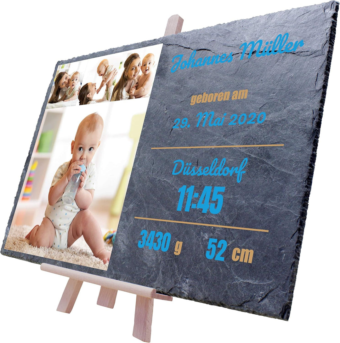 wandmotiv24 Schieferplatte mit eigenen Fotos zur Geburt, 30 x 20 cm, inklusive Staffelei, 4 Fotos +