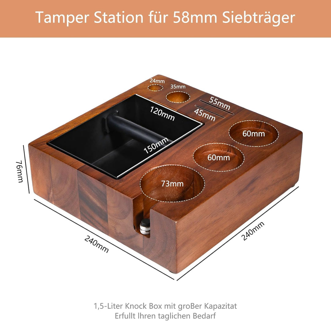 Tamperstation Holz Coffee Tamping Station Tamper Station mit Knock Box, Barista Zubehör,58mm, 58mm
