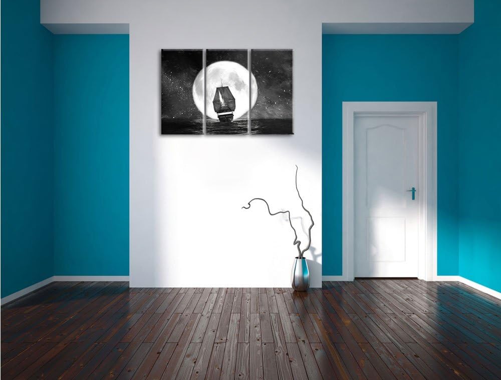 Pixxprint Segelschiff bei Vollmond Kunst / 3-Teilig/Gesamtmass 120cm Leinwandbild bespannt auf Holzr