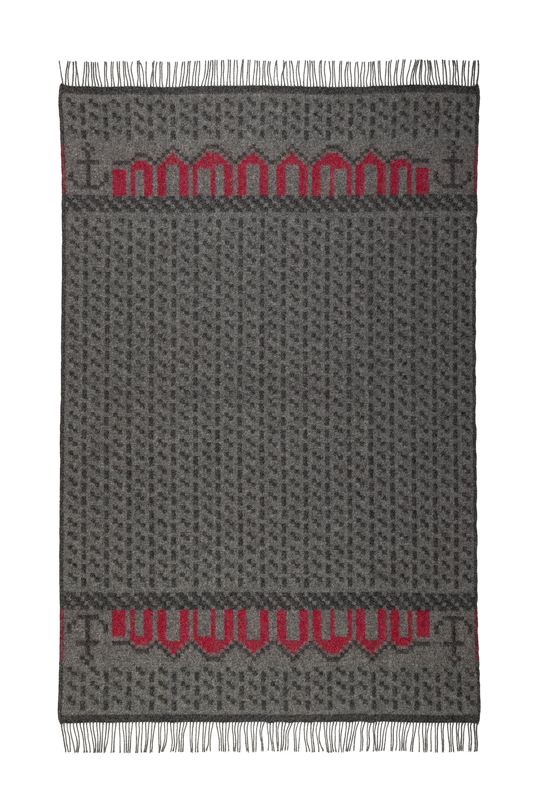ÖJBRO VANTFABRIK "Skaftö Grå gewebte Wolldecke mit Fransen 130x220 cm/grau/Russ/rot 100% Merinowolle