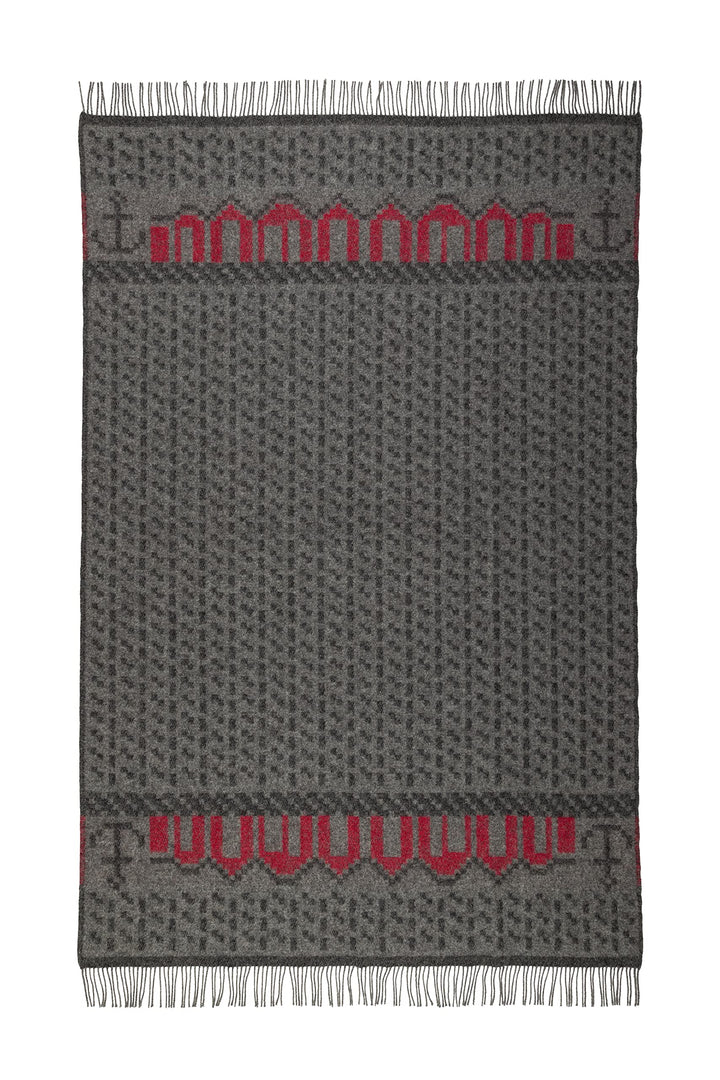 ÖJBRO VANTFABRIK "Skaftö Grå gewebte Wolldecke mit Fransen 130x220 cm/grau/Russ/rot 100% Merinowolle