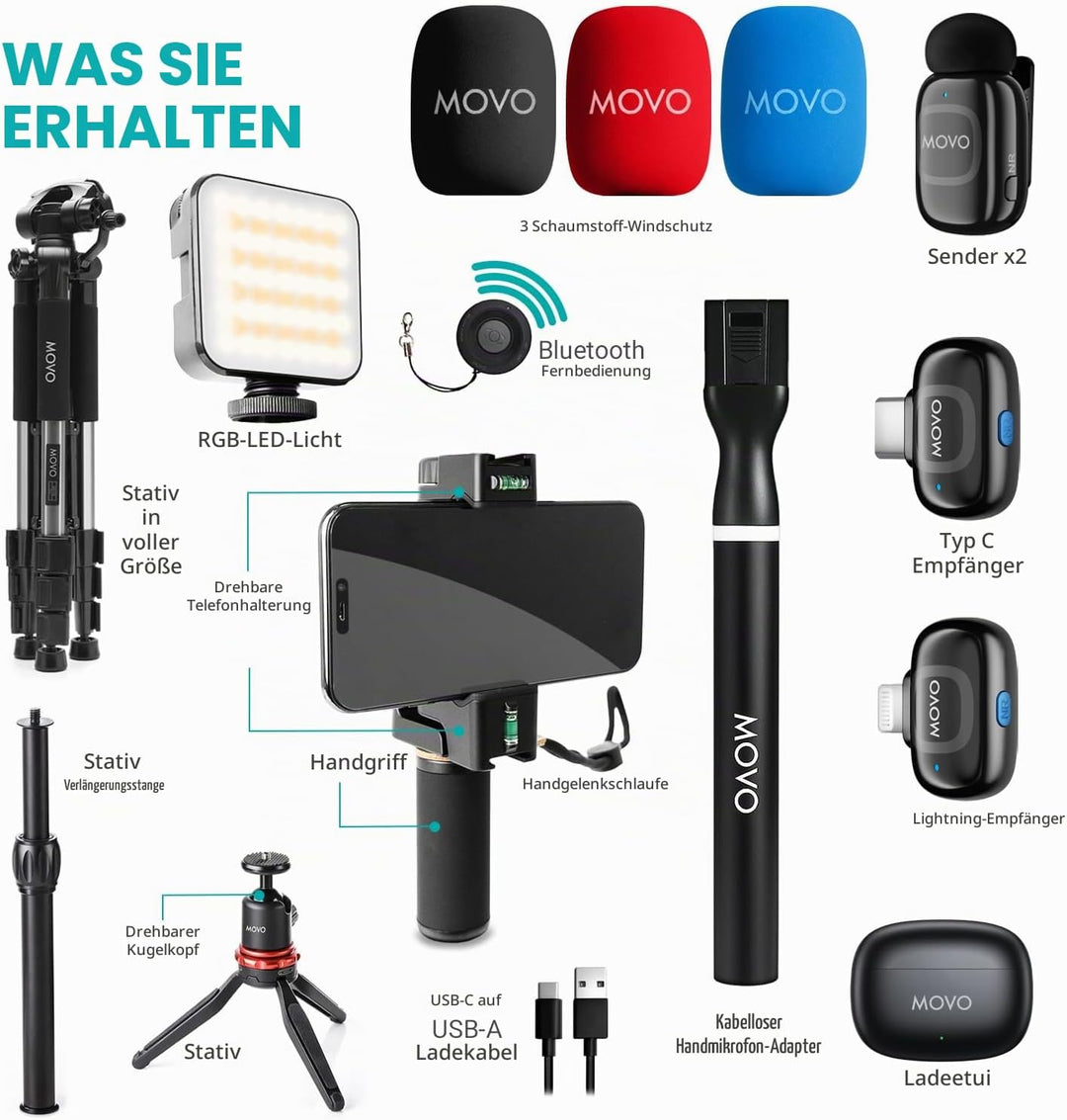 Movo iVlogger-PRO Vlogging-Kit für iPhone/Android – YouTube-Starter-Kit für Content Creator – Zubehö