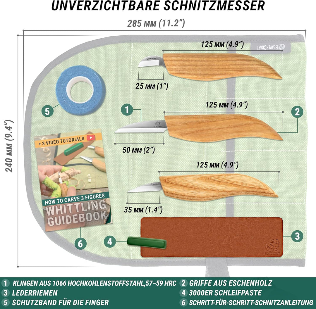 BeaverCraft S15 Holzschnitzset – Schnitzwerkzeugset – Kerbschnitzmesser-Set – Schnitzmesserset Schni
