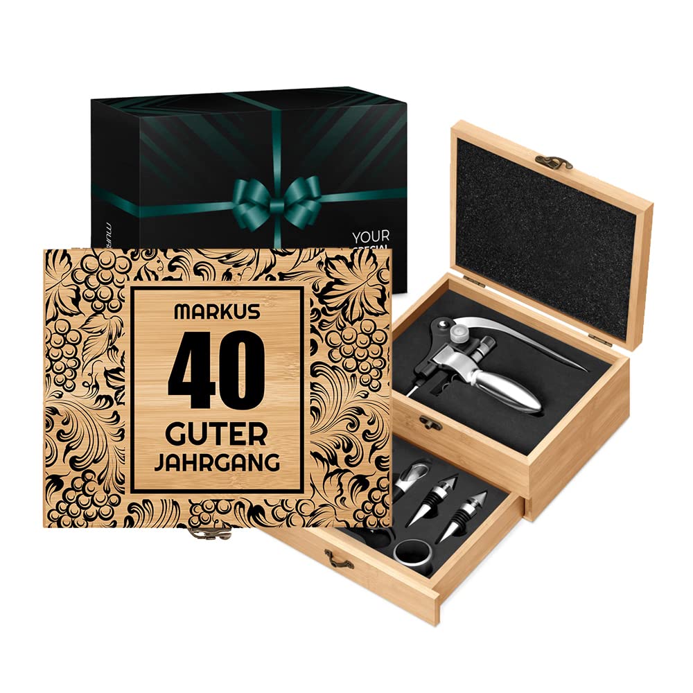 Maverton Weinöffner-Set personalisiert Weinset Sommelier Set - Geschenkbox Holzbox + 8er Weinzubehör
