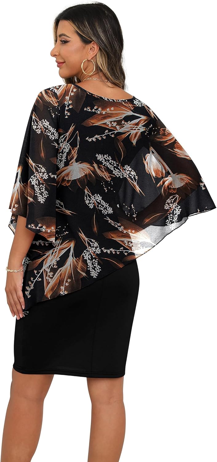 QIXING Damen Chiffon Cape Cocktialkleid Rundhals Ausschnitt Bleistiftkleid Sommerkleid Damen Knielan