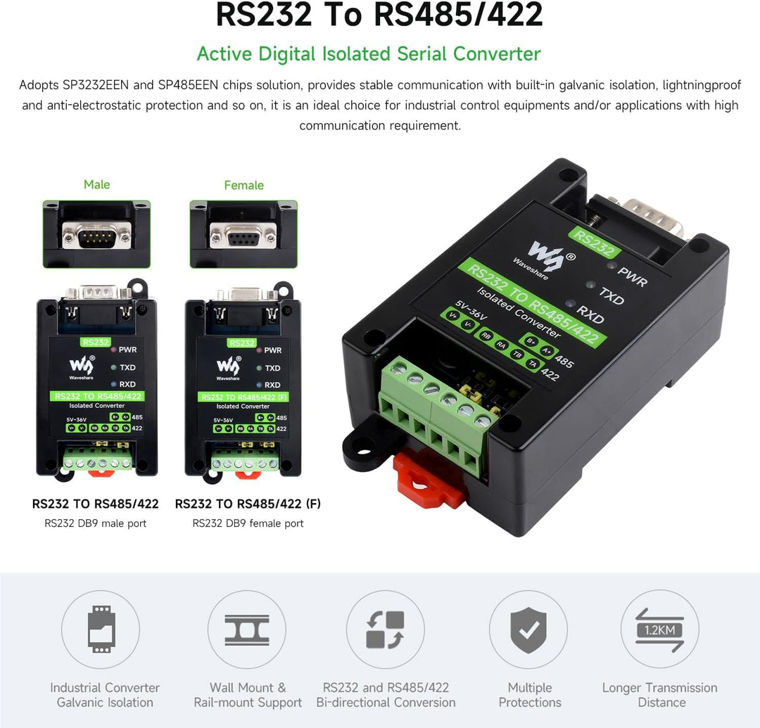 Waveshare RS232 To RS485/422 Active Digital Isolated Converter Onboard Original SP3232EEN&SP485EEN C