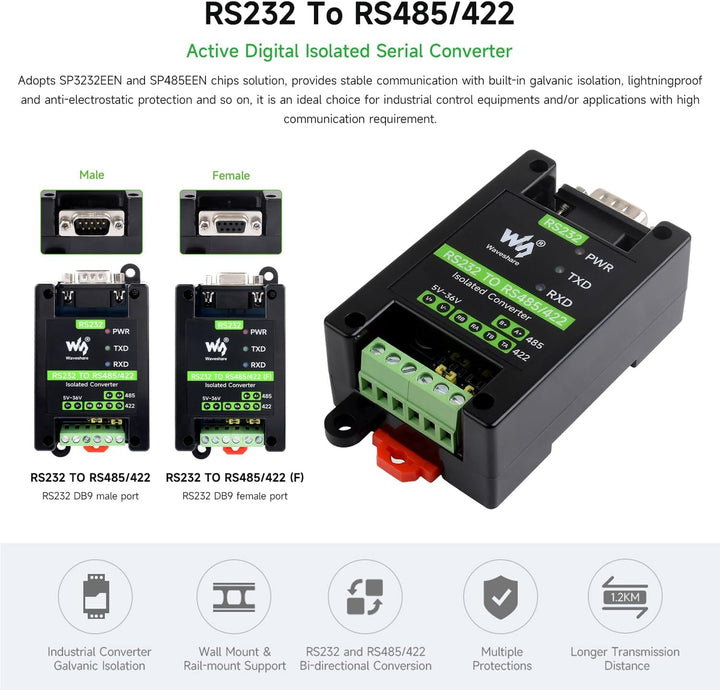 Waveshare RS232 To RS485/422 Active Digital Isolated Converter Onboard Original SP3232EEN&SP485EEN C