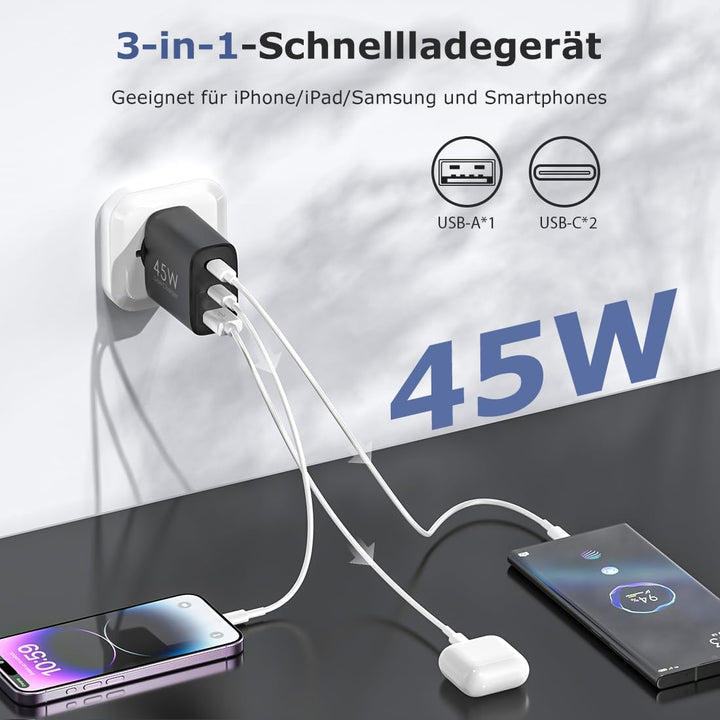 2er-Pack USB C Ladegerät 45W Netzteil GAN für iPhone/Samsung Galaxy S25/S24/S23/S22/S21 iPhone 16/15
