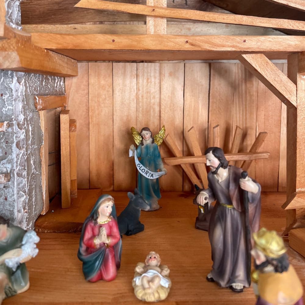 Handgefertigte Weihnachtskrippe aus Holz mit handbemalten 11 Figuren I Tisch Krippe I Weihnachten I