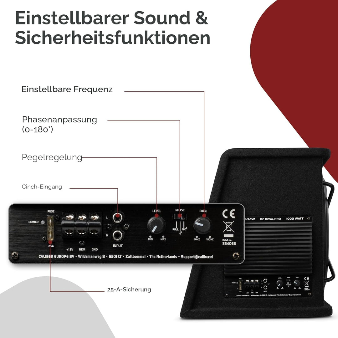 Caliber BC112SA-PRO Subwoofer Aktiv Set für Auto – 12 Zoll Bassbox mit Verstärker – 500W RMS – 1000W