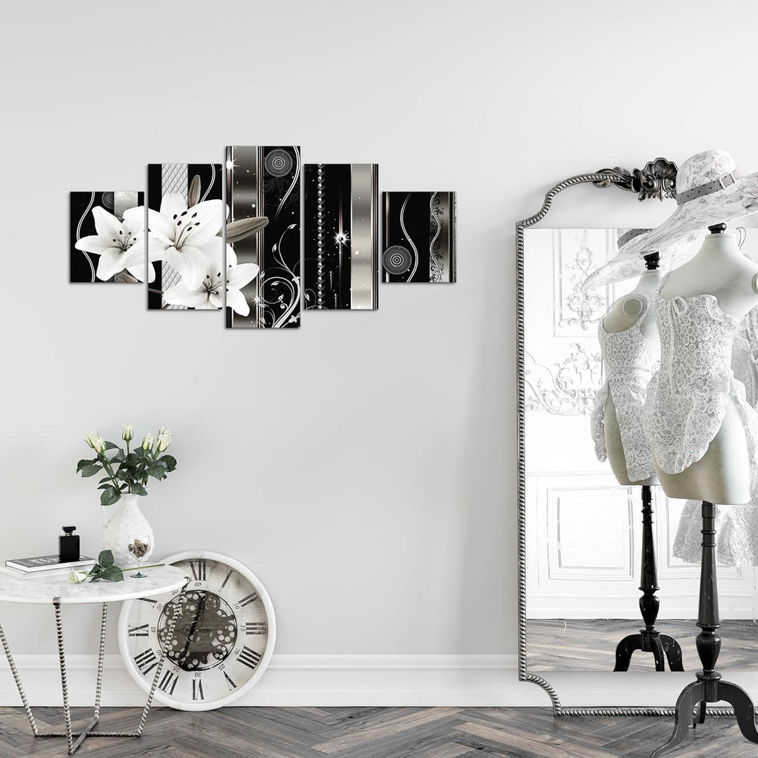 Runa Art Wandbilder Blumen Lilien 5 Teilig Bild auf Vlies Leinwand Deko Wohnzimmer Abstrakt Grau 008