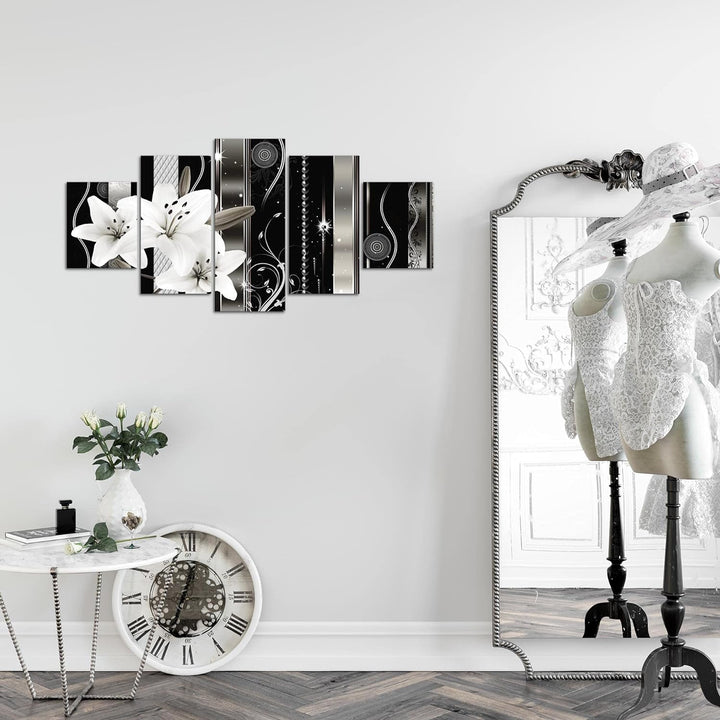 Runa Art Wandbilder Blumen Lilien 5 Teilig Bild auf Vlies Leinwand Deko Wohnzimmer Abstrakt Grau 008