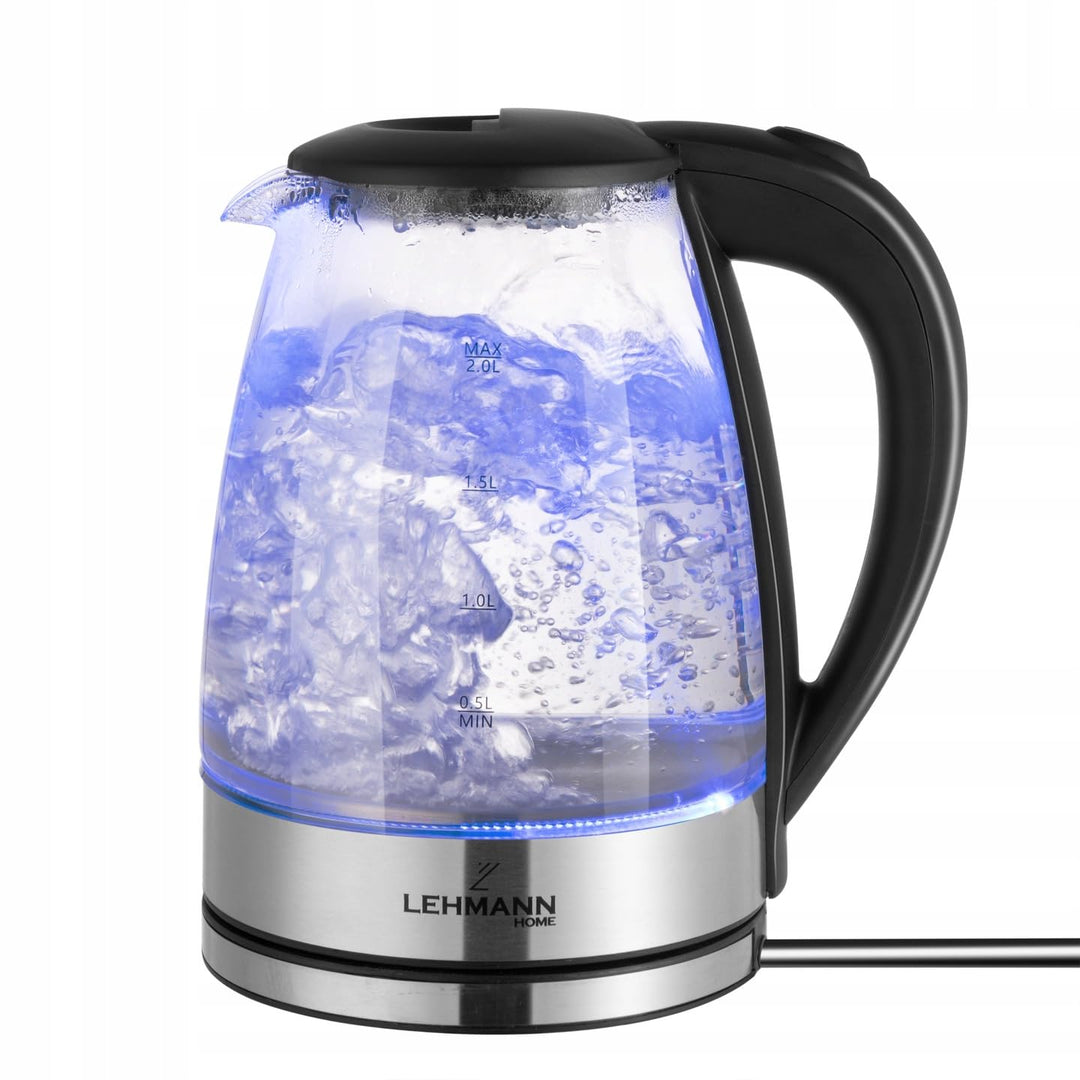 Lehmann LHOEK-2220 Glas Wasserkocher 2 Liter, 2200W, elektrischer Wasserkocher aus Glas mit LED-Hint