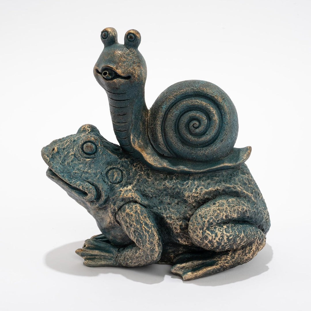 Esotec Wasserspeier-Figur Schnecke auf Frosch Max & Moritz, Einzelfigur mit Schlauch, Altkupfer-Desi