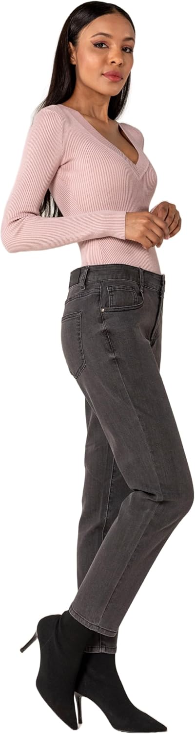 Nina Carter Q1806 Damen Boyfriend Jeanshosen HIGH Waist Used-Look Jeans Waschungseffekt XS Dunkelgra