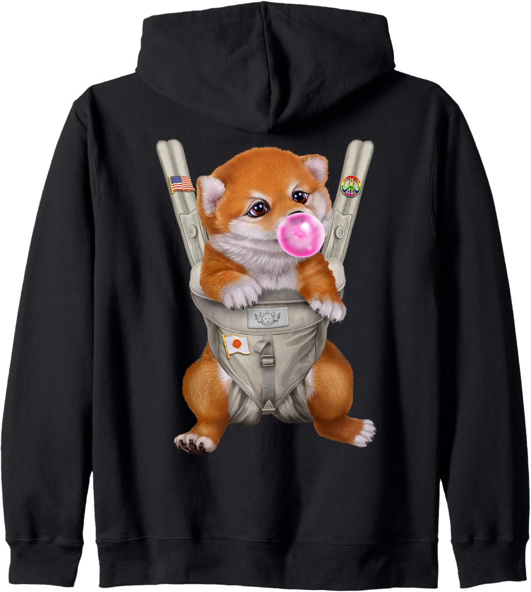 Roter Shiba Hund mit Kaugummi in der Babytrage Kapuzenjacke