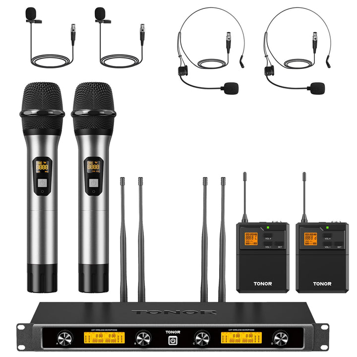 TONOR 4-Kanal UHF Mikrofon Kabellos Set mit Handmikrofon/Bodypack Transmitter/Headset Funkmikrofon/L
