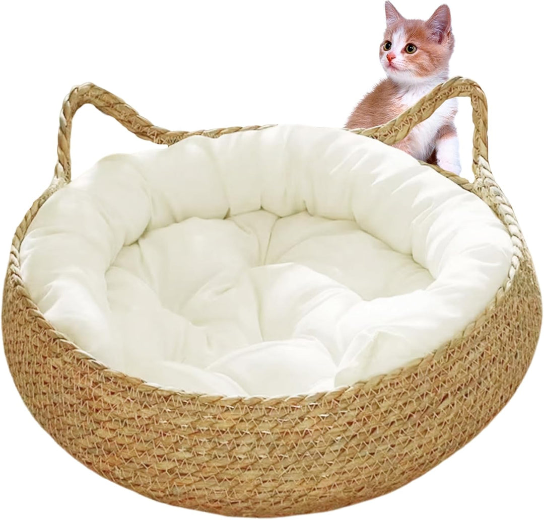 Gewebter Katzenbett, 17-Zoll-Strohhalm gewebte Katzenkörbe mit weichem Kissen, Kratzfeste runde Katz
