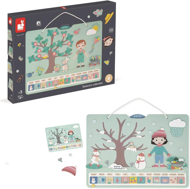 Janod - Jahreszeitenkalender – Holzkalender für Kinder 42 x 32 cm – magnetisch – 125 Magnete – Jahre