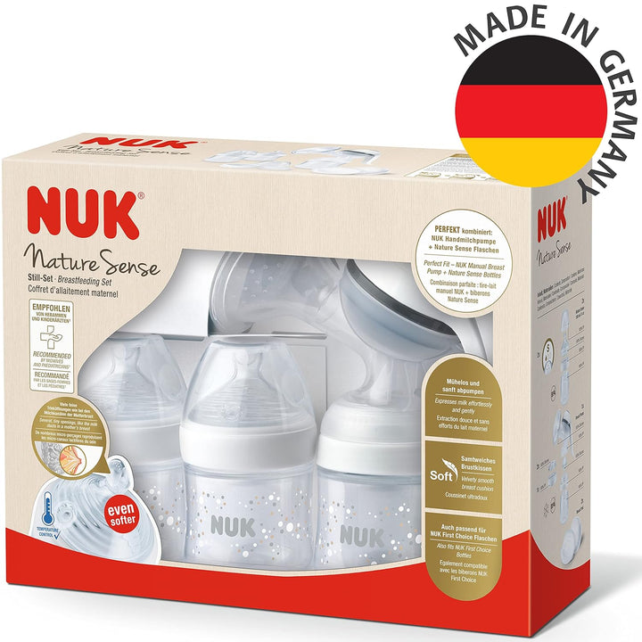 NUK Nature Sense Handmilchpumpe | Still-Set mit Handmilchpumpe, Babyflaschen &amp; Ultra Dry Comfort Sti