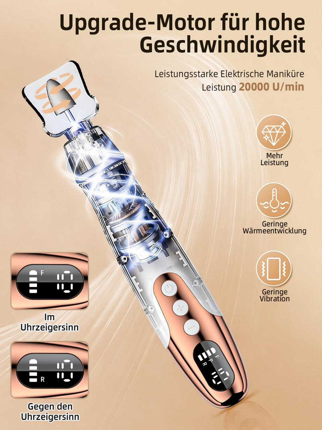 Nagelfräser Kabellos - 11 in 1 Tragbar Maniküre Set mit 10 Geschwindigkeiten und LED Licht, Pediküre