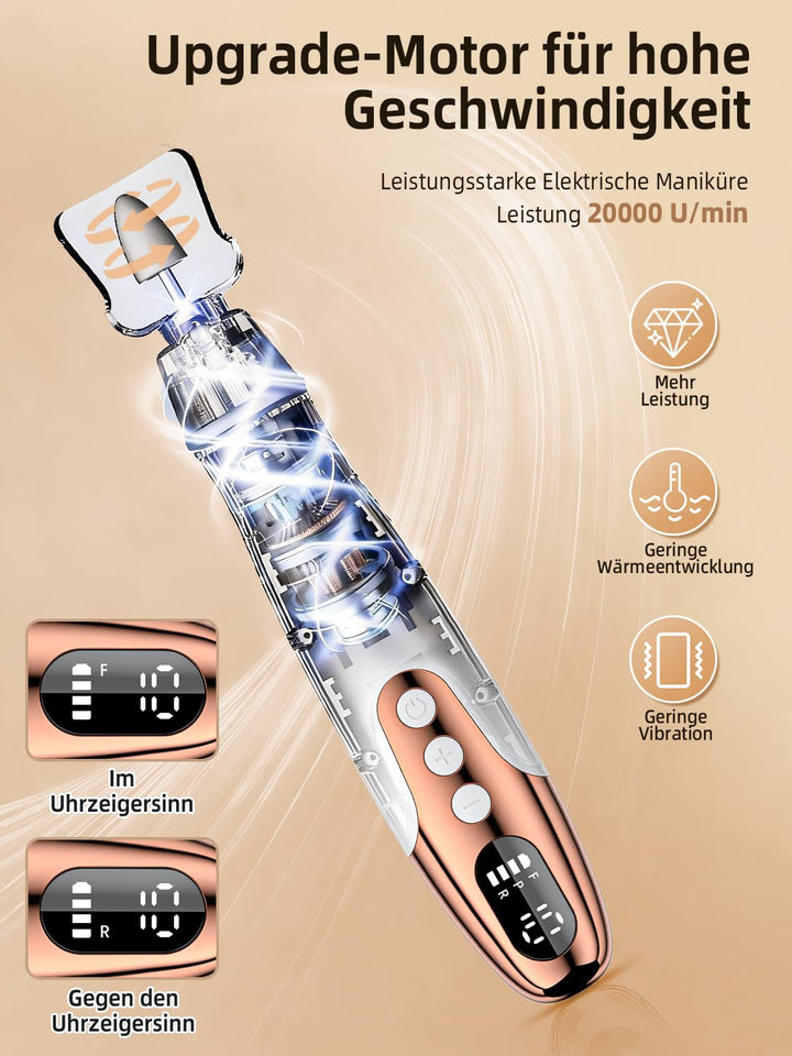 Nagelfräser Kabellos - 11 in 1 Tragbar Maniküre Set mit 10 Geschwindigkeiten und LED Licht, Pediküre