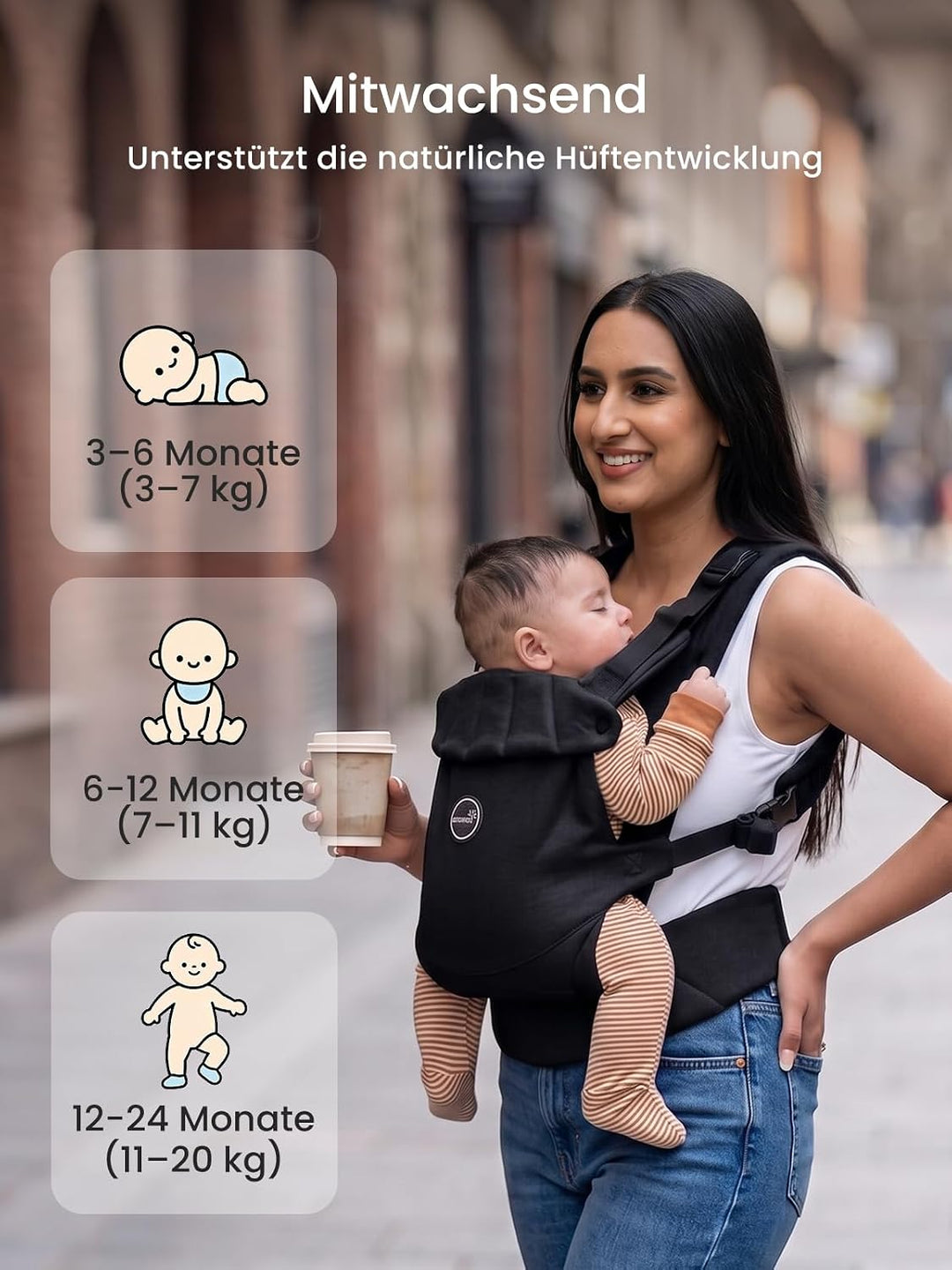 Grownsy Babytrage, Ein-Klick-Schnalle für Einfaches Anlegen, Bequemer Träger von Neugeborenem bis Kl