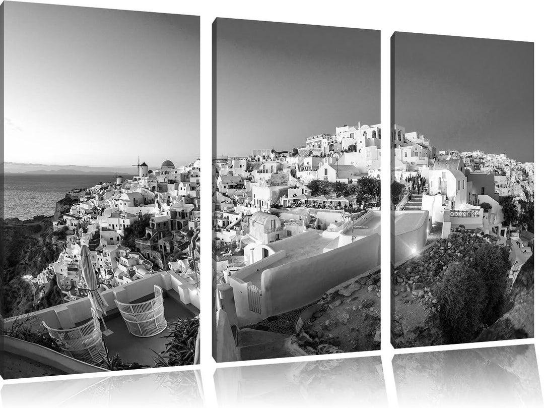 Pixxprint Oia Dorf am Sonnenuntergang Santorin Kunst B&W 3-Teiler Leinwandbild 120x80 Bild auf Leinw