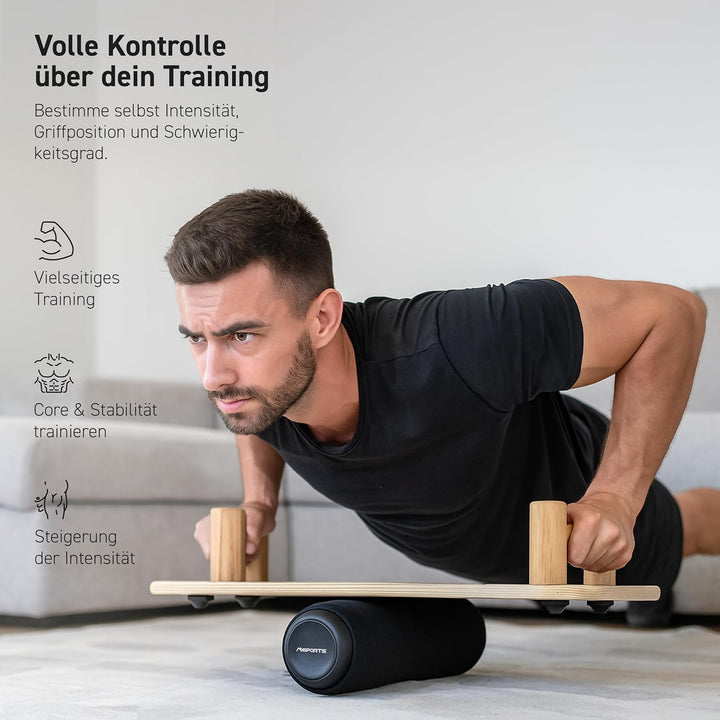 MSPORTS Push-Up Board Holz Premium mit Rolle – Multifunktionales Liegestützbrett für Core, Balance &