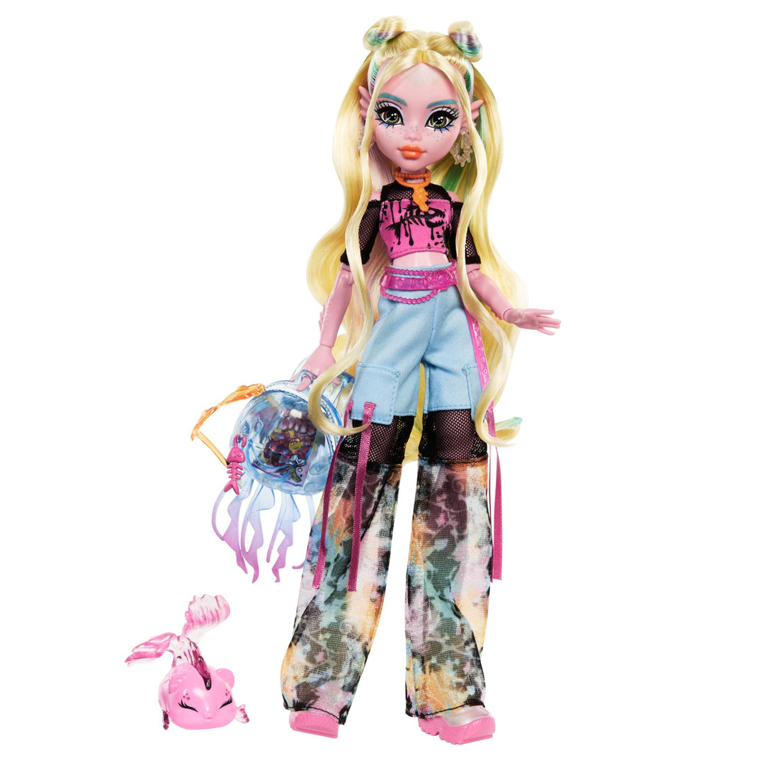 Monster High Lagoona Blue Puppe in Mesh-T-Shirt und Cargohose mit Haustierfisch Neptuna und Accessoi