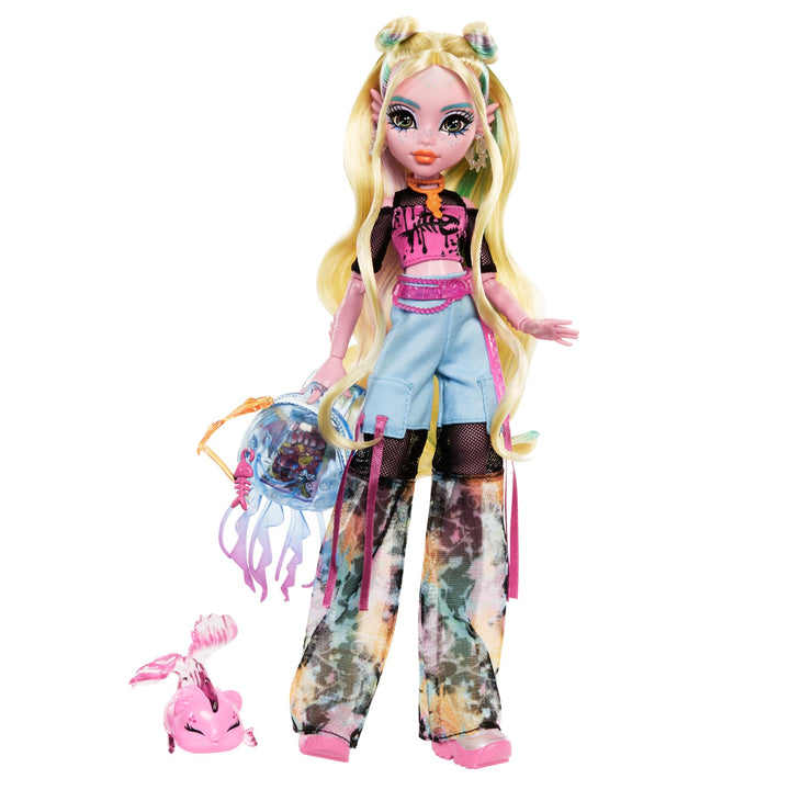 Monster High Lagoona Blue Puppe in Mesh-T-Shirt und Cargohose mit Haustierfisch Neptuna und Accessoi