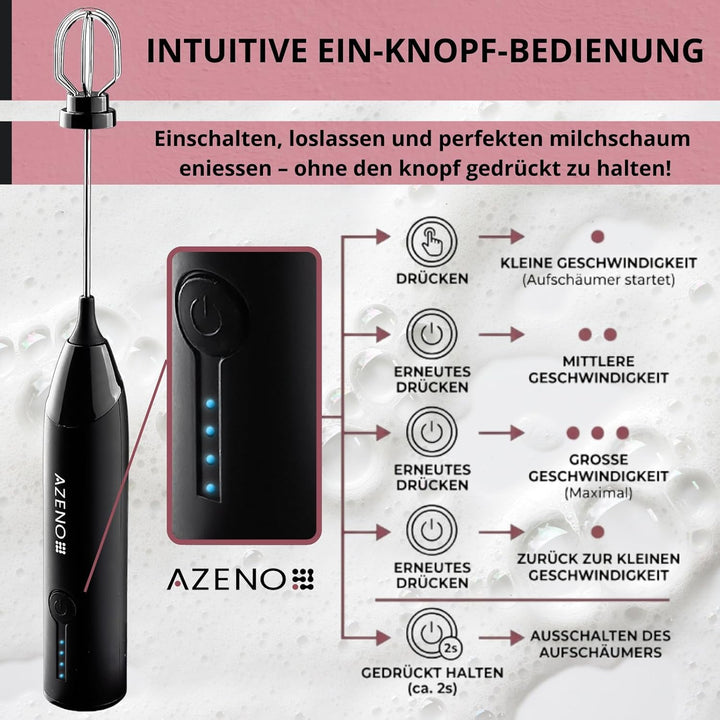 AZENO Elektrischer Milchaufschaeumer 3in1, akkubetrieben, USB-C, 3 Geschwindigkeitsstufen, 8 W, 600
